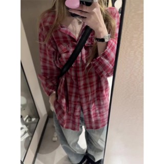 【HOT 本舖】童裝 紅色格紋襯衫女慵懶風2025春夏寬鬆休閒襯衣復古長袖防曬上衣外套