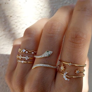 熱銷ins創意幾何關節指環戒女鏤空月亮蛇形戒指套裝rings