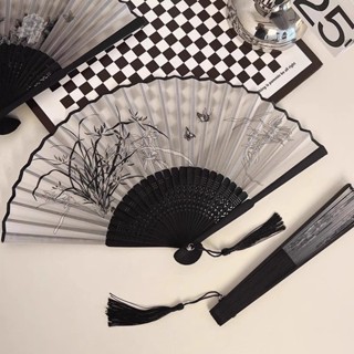夏天扇子摺扇國風新中式古風小扇子黑色簡約耐用兒童竹扇隨身攜帶ZS529