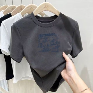 灰色T恤女裝正肩短袖2025年夏季新款緊身顯瘦純棉體恤小上衣女生衣著現貨熱賣