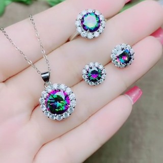 【現貨】S925銀吊墜天然七彩水晶石套裝 天空藍託帕石項鍊戒指吊墜耳環女 ZSN