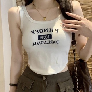 《現貨下單》美式吊帶背心女加厚新款百搭字母印花打底緊身無袖上衣固定杯無痕內衣內衣背心胸墊背心美背背心吊帶背心少女內衣