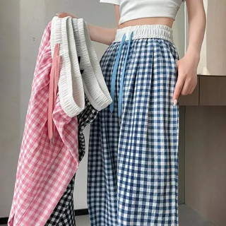 女士格子闊腿褲 韓版 休閒褲 夏季薄款 長褲 大尺碼 垂感 寬鬆顯瘦 高腰 抽繩百搭