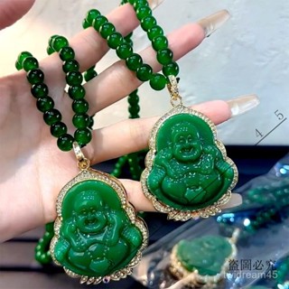 綠色項鏈翡翠綠色笑口常開彌勒佛弔墜項鏈飾品時尚爆款項鏈