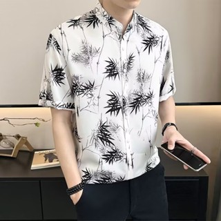 高階感短袖襯衫男 夏季潮牌痞帥冰絲立領襯衫 2025新款男士夏裝上衣