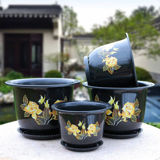 現貨熱賣新款燙花花盆加厚圓形加大號家用陽臺塑膠盆樹脂仿陶瓷花盆送託盤Promotion