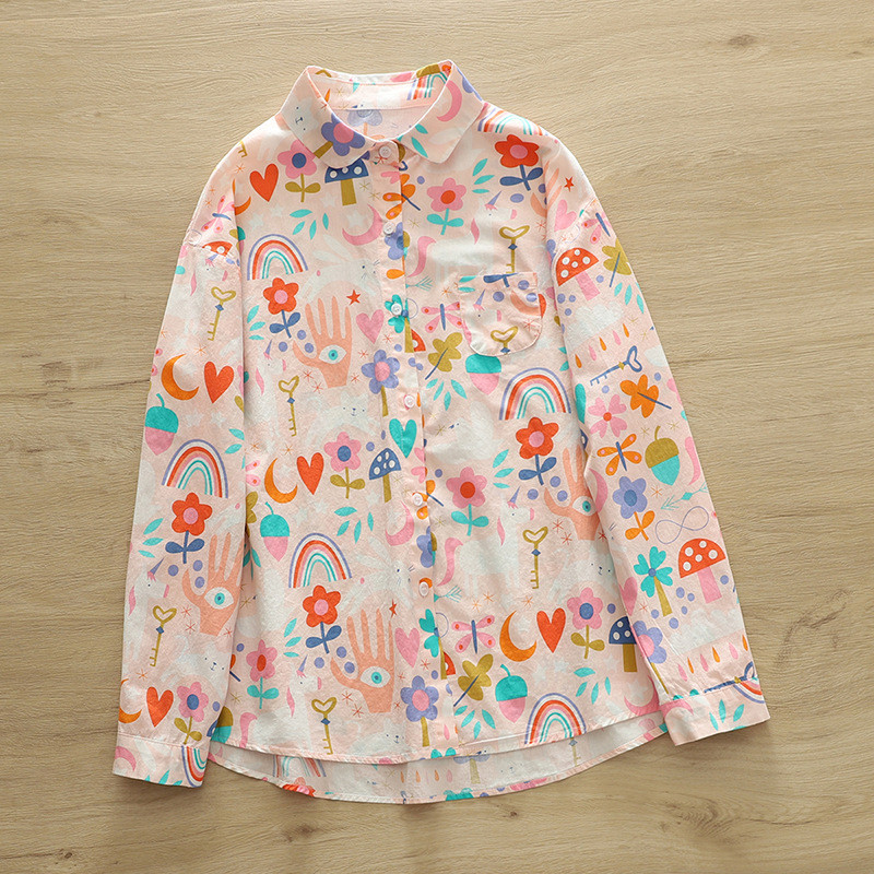 [Ready Stock] 高品質女式 100% 棉襯衫襯衫日式花卉印花上衣 Morigirl 長袖襯衫 Mori Ke