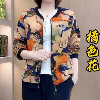 冬天外套 北極絨外套 珊瑚絨外套 媽媽裝雪紡印花時尚開襟長袖外套2022春季新款大尺碼寬鬆百搭棒球服
