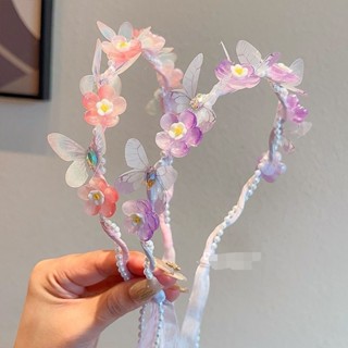 【現貨】兒童花環飄帶編髮頭箍女童2025蝴蝶髮箍女孩漢服甜美珍珠髮箍 ZSN
