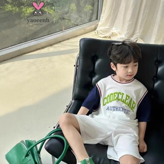 【YAOEENH】80-160CM 夏季男女童短袖運動球服 中兒童假兩件速乾衣訓練套裝 現貨 快速出貨