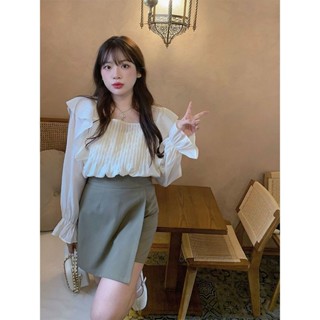 【獨角獸•百貨旗艦店】🛍️大碼法式上衣天絲長袖防曬襯衫女鞦季荷葉邊小衫胖mm半身褲裙套裝