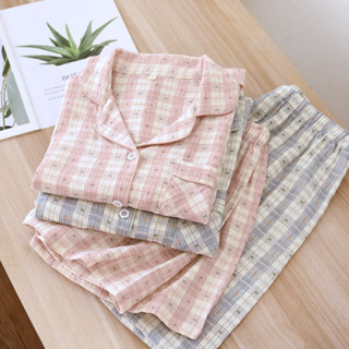 100%棉泡泡紗夏季情侶睡衣純棉短袖短褲家居服男女士格子簡約風雙層紗套