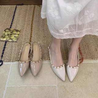 SK 韓國chic時尚鉚釘尖頭後絆帶單鞋氣質粗低跟涼鞋漆皮涼拖鞋女
