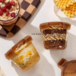 AMEMY 熱銷 隔夜燕麥杯 玻璃早餐杯 可擕式 帶蓋 可微波爐加熱 水果沙拉碗 湯酸嬭杯 保鮮盒 便當盒 上班族餐具