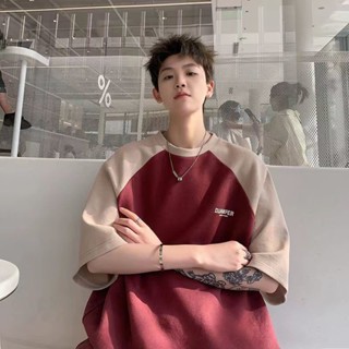 《現貨下單》拼接大尺碼300斤美式復古t恤男女夏季撞色短袖衫寬鬆休閒五分袖上衣