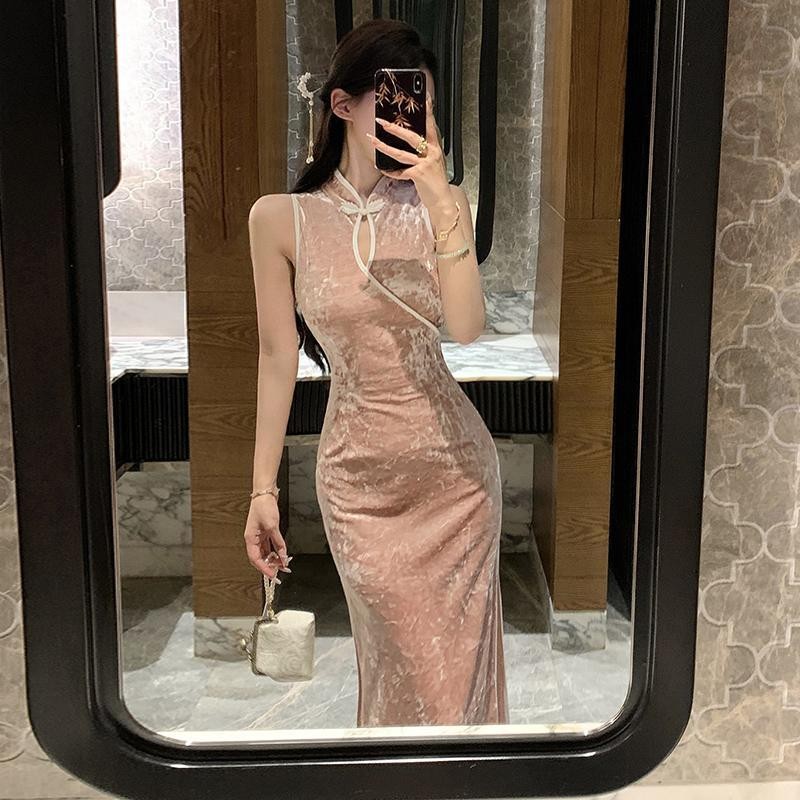 新中式海派旂袍老上海風改良女裝複古優雅禮服顯瘦長款絲絨連衣裙
