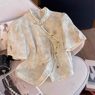 新中式國風印花盤扣襯衫女夏款泡泡袖襯衫旗袍領小上衣薄荷曼波風20250601