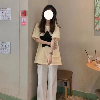 【砂糖夢境】100%純棉學生杏色丅恤短袖女2023夏季新款韓版字母印花寬鬆上衣潮