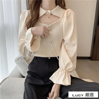 Lucy💕春季2025年新款韓版鏤空泡泡長袖襯衫上衣設計感小眾法式襯衫女潮