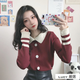 Lucy💕2025秋季韓版寬鬆娃娃領 長袖套頭針織衫女 復古毛衣法式溫柔風上衣