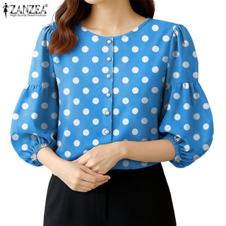 ZANZEA 女式韓版時尚圓領圓點鈕扣開管橡膠上衣襯衫