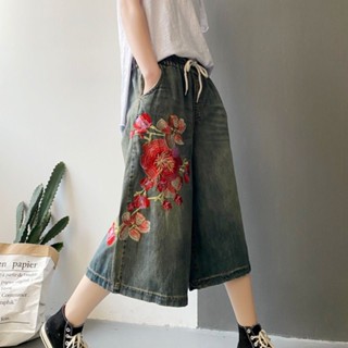 民族風復古藝文刺繡花朵牛仔七分褲女胖mm大尺碼寬鬆顯瘦寬褲褲裙