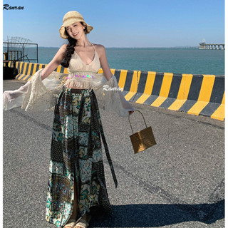 賣家推薦~三亞海灘褲女民族風泰國褲裙波西米亞印花開叉高腰寬褲度假長褲