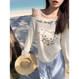 【現貨下單】夏季新款印花女生長袖罩衫凱蒂貓露肩慵懶款式緊身防曬薄款上衣