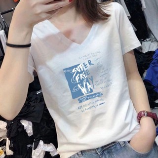 衣時尚 大碼上衣 短袖T卹 印花T卹 T恤衫中大尺碼 M-4XL新款V領純棉正肩短袖寬鬆顯痩小眾ins上衣-4092.