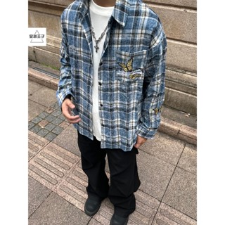 YOKI洗水做舊蝴蝶刺繡長袖襯衫男女ins美式高街扎染格子襯衫寬鬆外套 韓版襯衫 流行襯衫