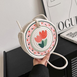 [新款現貨]圓形編織包包女夏天高顔值田園風單肩包diy手工草編包外出斜挎包