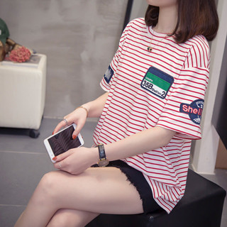 現貨時尚年輕流行可愛夏季加肥大碼女裝胖mm條紋刺繡字母短袖T恤女學生200斤遮肚上衣bf網紅新款爆款夏季