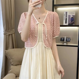 M-4XL現貨 大尺碼小外套女 國風盤扣小外套配吊帶裙外搭夏季蕾絲薄款空調衫短版防曬上衣百搭微胖大尺碼女裝