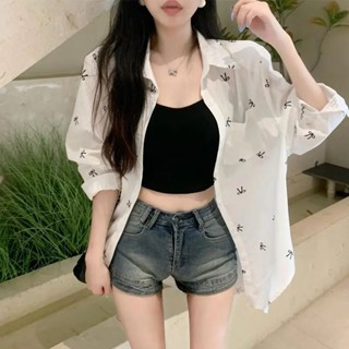 林林子の 春秋女裝新款蝴蝶結印花寬鬆長袖白色小眾設計防曬襯衫上衣