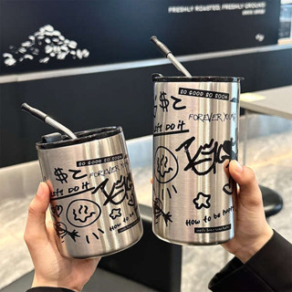 環保杯 保冰杯 創意塗鴉杯子拿鐵杯女生咖啡隨手杯吸管杯便攜不鏽鋼水杯男保溫杯