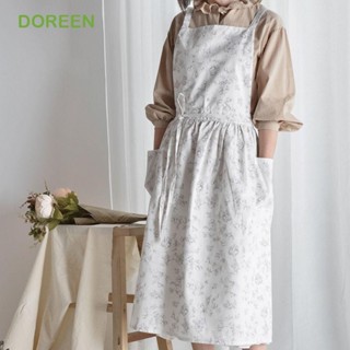 DOREEN 廚房烹飪圍裙花卉印花棉質家居工作圍裙便攜優雅防水透氣服務員加長圍裙咖啡屋