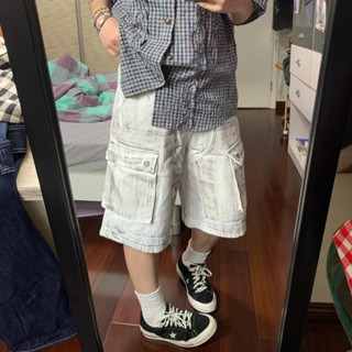美式街頭白色做舊做髒髒工裝水洗牛仔短褲男女夏季新款小眾設計感立體多口袋五分褲寬鬆直筒七分褲