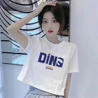 胖胖美依 短版上衣 短袖T卹 印花上衣 簡約 露臍 S-2XL新款設計ins印花學生短袖寬鬆上衣-6943.