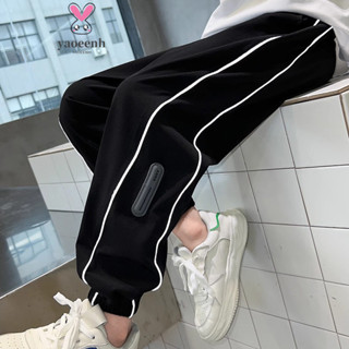 【YAOEENH】110-170CM 夏季男童寬鬆簡約休閒運動褲 中大童冰感線條束腳長褲 現貨 快速出貨