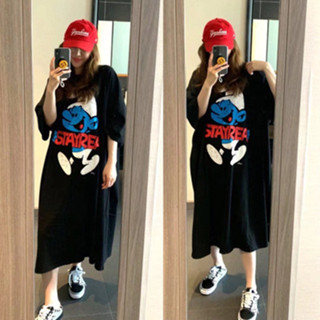 大尺碼睡裙女 韓版ins風睡衣 oversize 藍精靈 短袖寬鬆可外穿長裙 女版居家睡衣裙