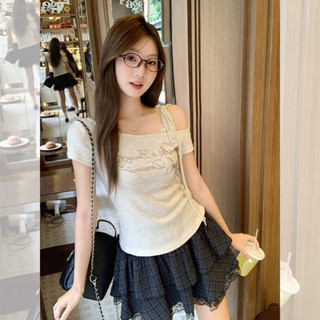 【HOT 本舖】 夏裝新款美式復古辣妹短款蕾絲繫繩蝴蝶印花短袖上衣T恤