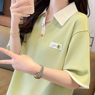 胖胖美依 上衣 短袖T卹 印花上衣 T恤衫中大尺碼 M-4XL新款華夫格假兩件polo領短袖寬鬆半袖上-7355.