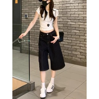 【HOT 本舖】 復古深藍色七分牛仔短褲女夏新款高腰寬鬆闊腿顯瘦百搭直筒中褲子