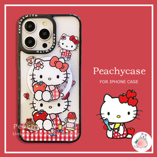 卡哇伊蘋果格紋Kitty貓支架無線充電手機殼相容 iPhone 16E 15 14 13 12 Pro Max 11硬殼