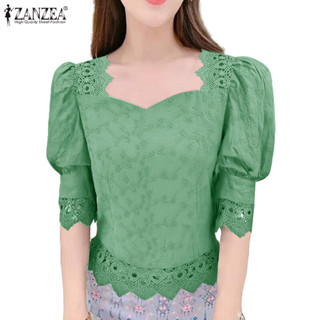 ZANZEA 女韓版氣質甜心領泡泡袖蕾絲拼接上衣