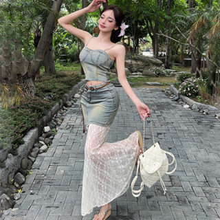 實拍辣妹牛仔兩件套裝純慾顯瘦抹胸吊帶上衣女高腰拚接蕾絲半身裙