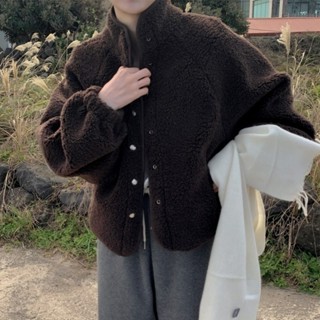 【HOT 本舖】 韓國chic復古休閒慵懶風保暖立領單排扣小個子羊羔毛外套女