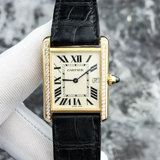 Cartier 卡地亞坦克系列18K黃金材質外圈後鑲鑽簡潔兩針石英女表