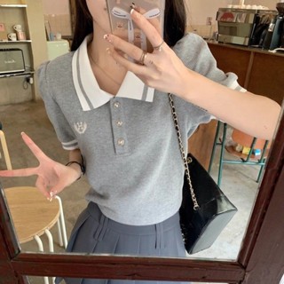 [VERNE FF]學院風上衣 polo領短袖 短針織上衣 泡泡袖針織衫 修身t恤 短款上衣 正肩百搭上衣