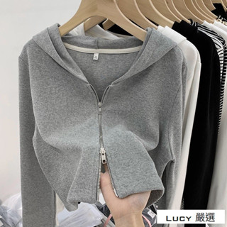 Lucy💕歐貨素色設計感雙拉鍊連帽外套女早春2025年新款螺紋時尚上衣小外套